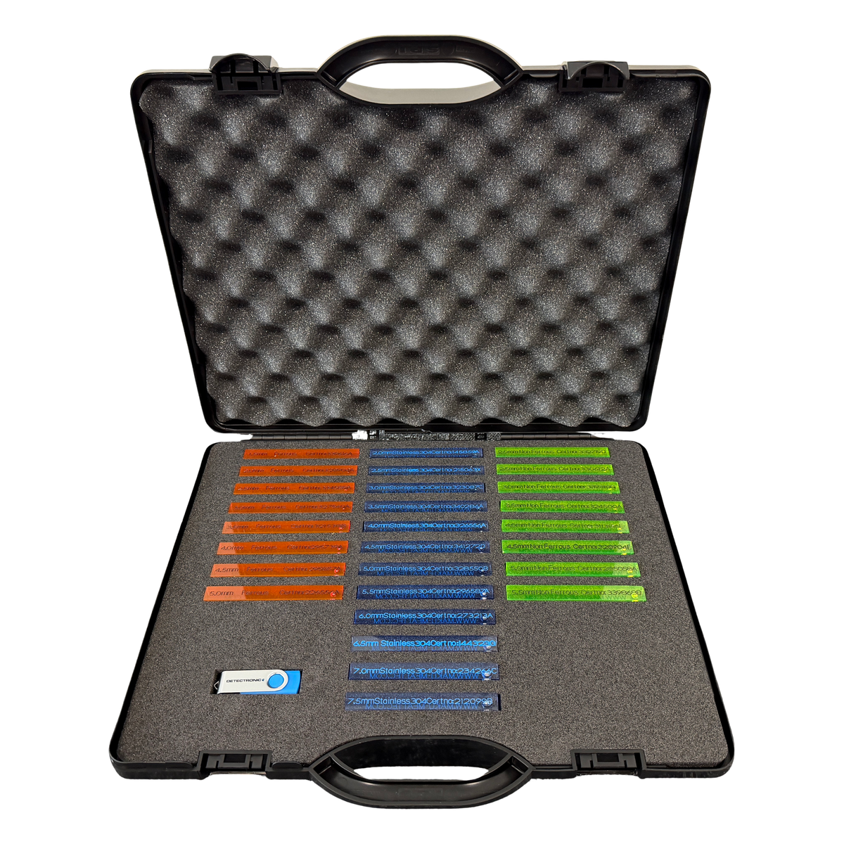 Metal detector test stick kit with certified ferrous, non-ferrous and stainless steel test pieces